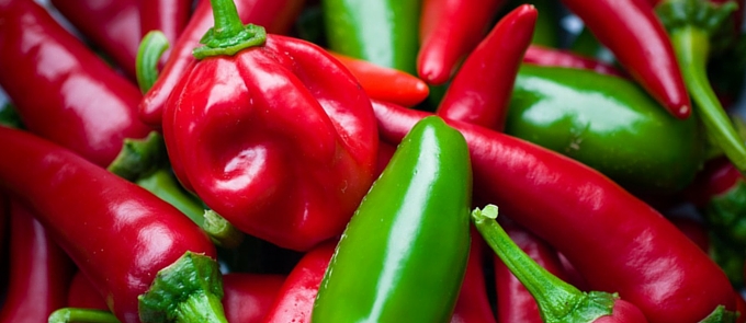 close up red and green chillies